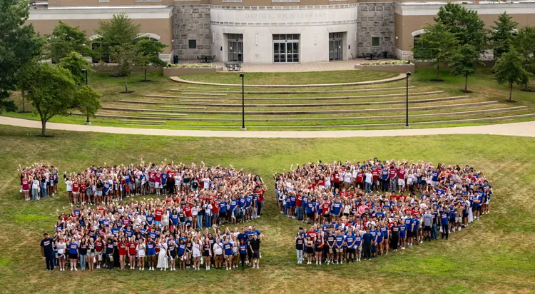 Aerial shot of new students in the shape of a large 29 on the quad.