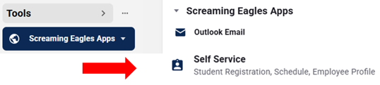 Screenshot of myUSI Tools menu with red arrow pointing at Self Service option.
