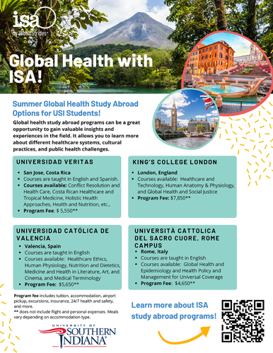 Flyer with words "Global Health with ISA!" and study abroad opportunities