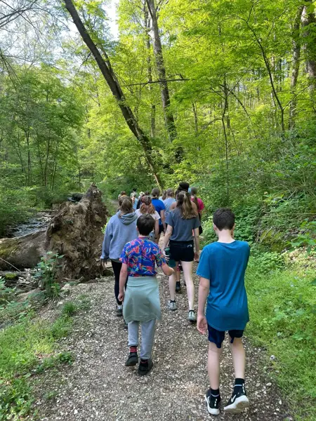 Students hike a wooded trail during an outdoor environmental learning field trip.