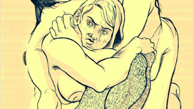 Artwork of two people hugging, one with a serene and nurturing face and one with a protective face