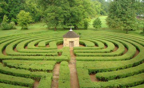 Aerial view of the hedge labyrinth in Historic New Harmony