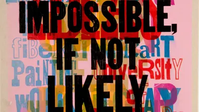 50th Anniversary of the New Harmony Gallery poster with the words, "Certainly not impossible if not likely, J.P. Begley"
