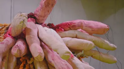 Irregular flesh tone soft sculpture from Elissa Cox's "Seep" exhibition