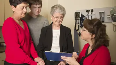 Nurse practitioner looking at medical chart with older adult, her daughter and grandson