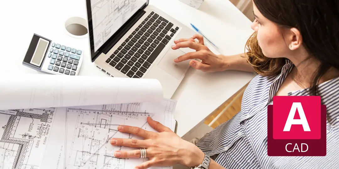 Woman working on a computer with blueprints on the table with an AutoCad logo overlaid