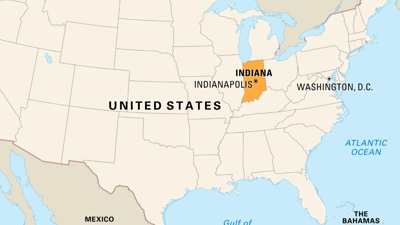2D map of the United States with Indiana highlighted