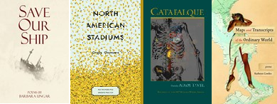 Covers of "Save Our Ship," "North American Stadiums," "Catafalque," and "Maps and Transcripts of the Ordinary World"