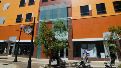 An exterior view of Innovation Pointe from Main Street