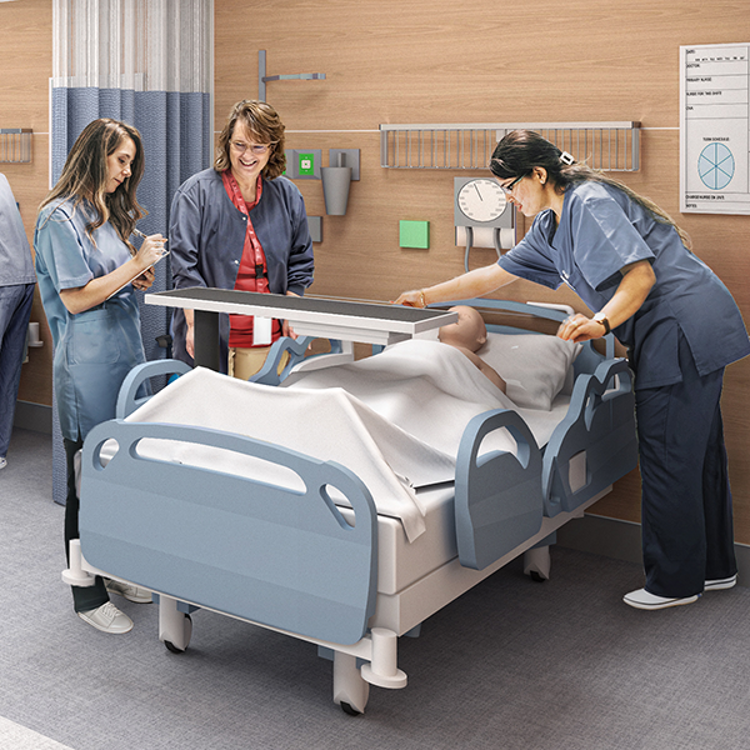 Rendering of nursing skills lab showing faculty and students at the bedside