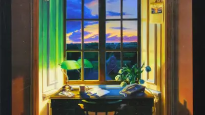 Painting of a window with desk at sunset from Kathryn Waters' "At Home and Abroad" exhibition