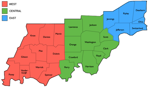 Map of Southern Indiana - West region including Knox, Daviess, Martin, Gibson, Pike, Dubois, Posey, Vanderburgh, Warrick and Spencer counties; Central region including Lawrence, Jackson, Orange, Washington, Scott, Clark, Perry, Crawford, Harrison and Floyd counties; and East region including Jennings, Ripley, Dearborn, Jefferson, Switzerland and Ohio counties