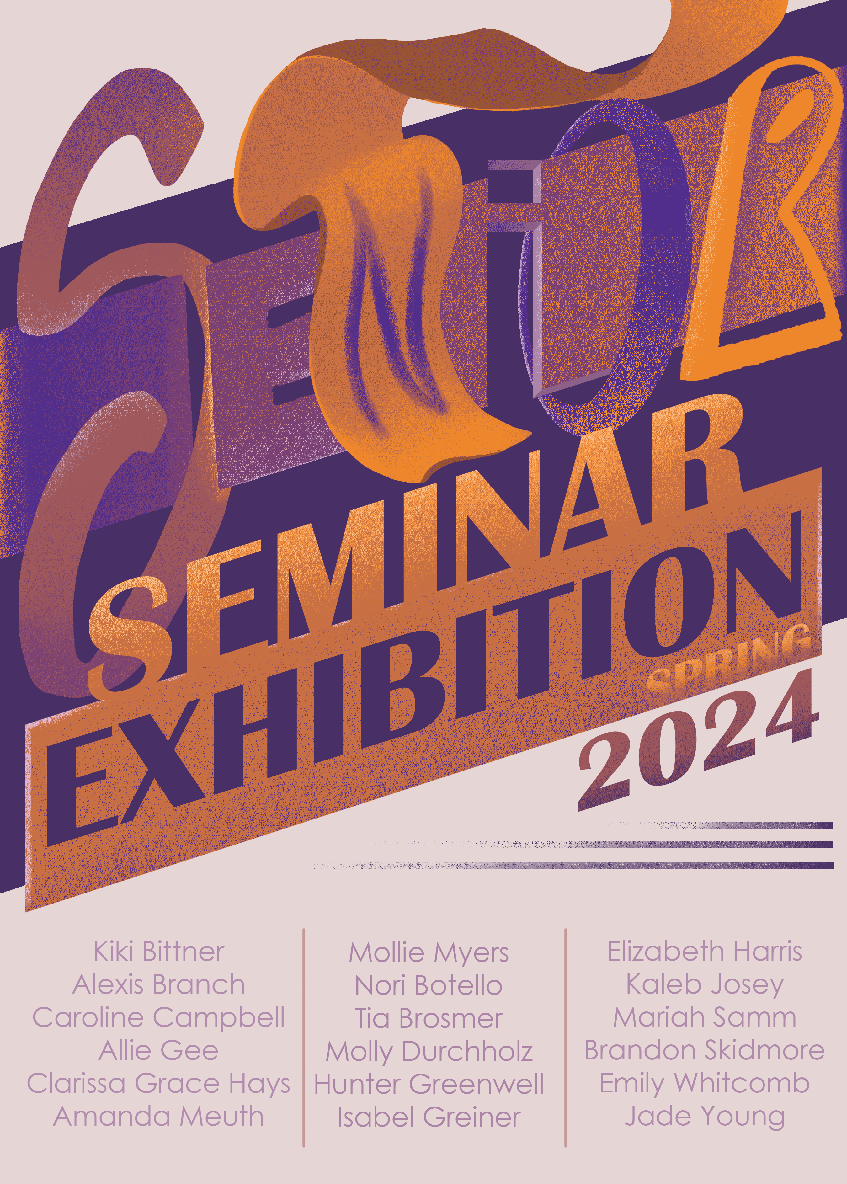 Spring 2023 Senior Exhibition Poster with dates and participant names in bright colors on black.