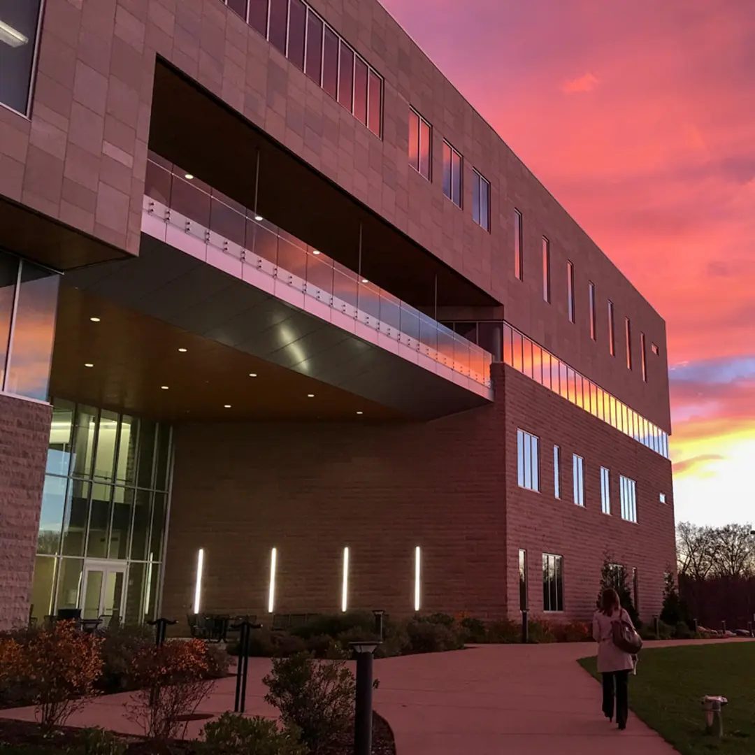 Exterior view of the Business and Engineering Center at dusk