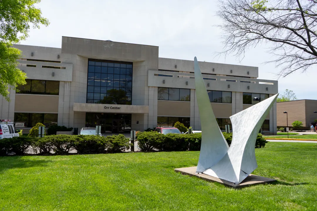 Large abstract sculpture on the lawn in front of the Orr Center building