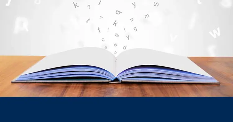 Graphic of an open book with a cloud of letters forming a funnel above it