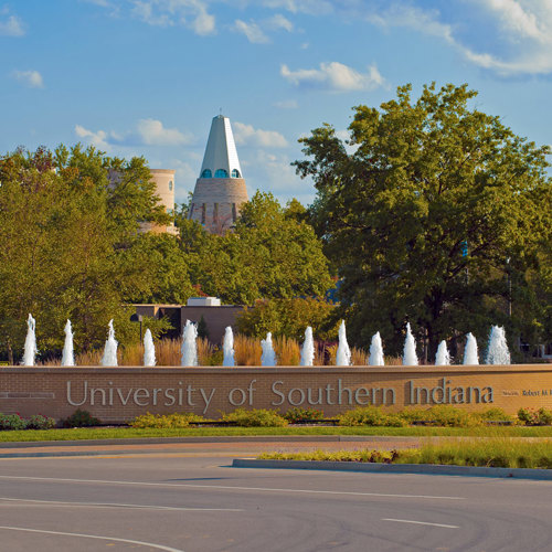 USI Roundabout water fountain with University Center in the background.