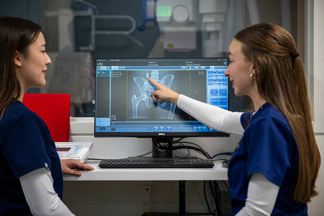 Two radiology students looking at X-ray on a computer screen