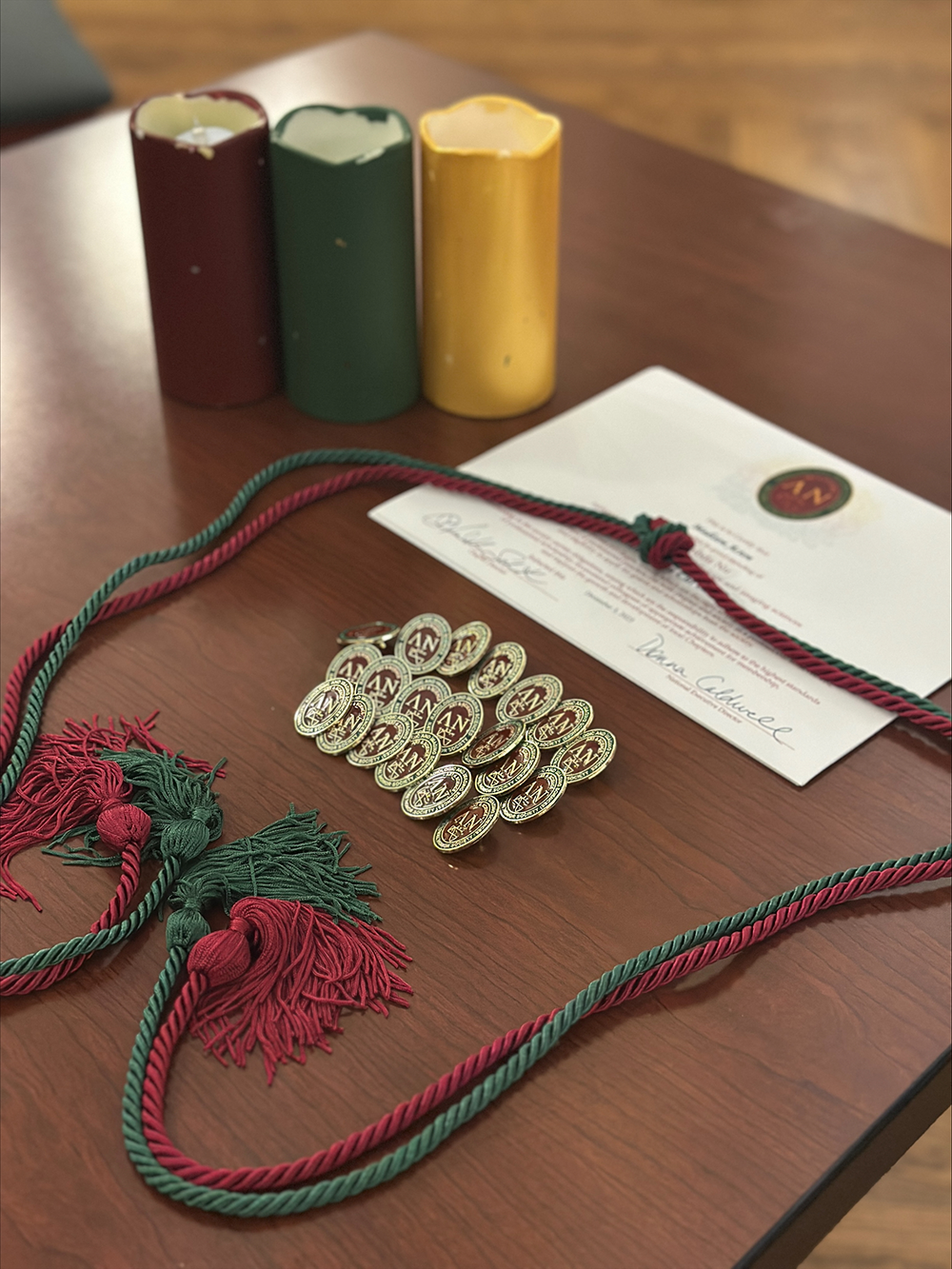 Photo of pins given during honor society induction