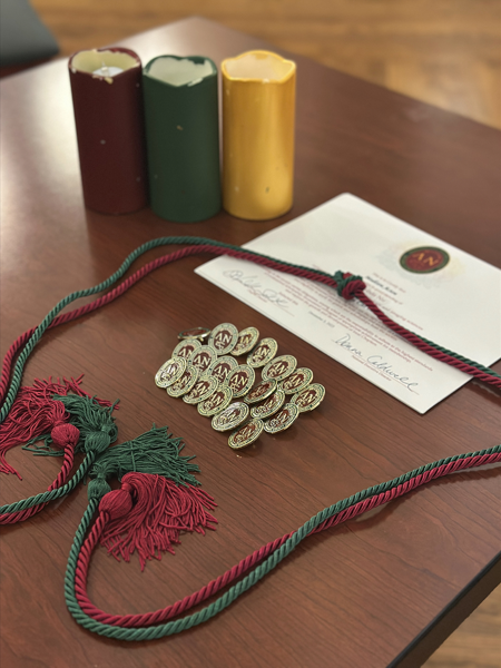 Photo of pins given during honor society induction
