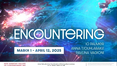 Exhibition postcard for "Encountering" featuring works from Io Palmer, Anna Tsouhlarakis and Pavlina Vagioni