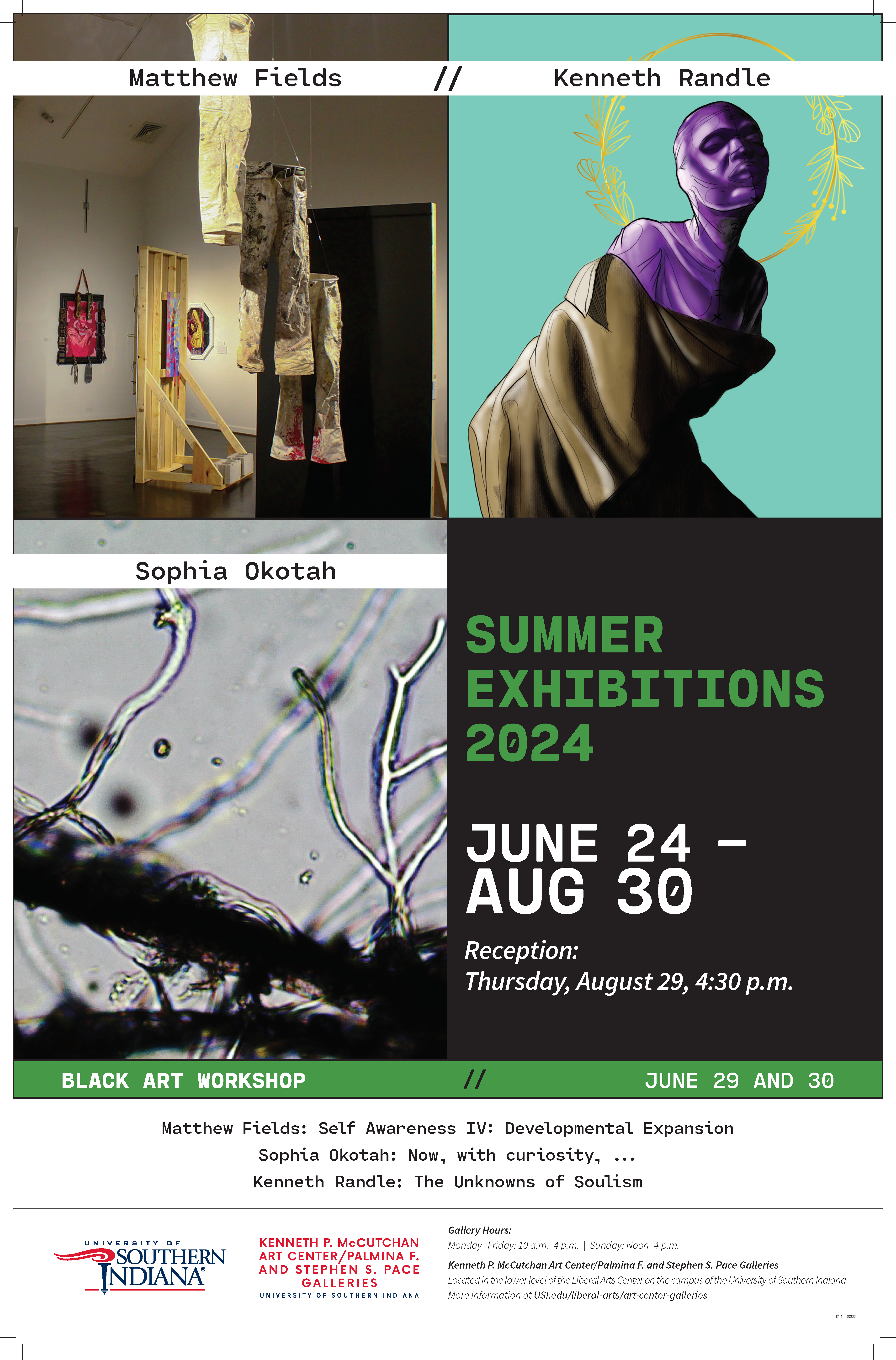 Spring 2023 Senior Exhibition Poster with dates and participant names in bright colors on black.