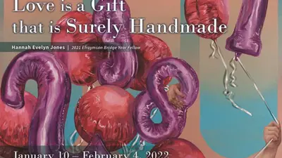 Exhibition post card featuring a painting of a hand holding round and number-shaped balloons.
