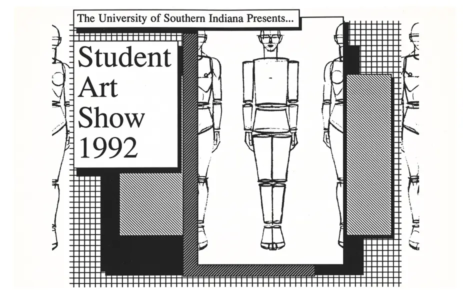 USI Presents... Student Art Show 1992 postcard, art by Joseph Dietrich