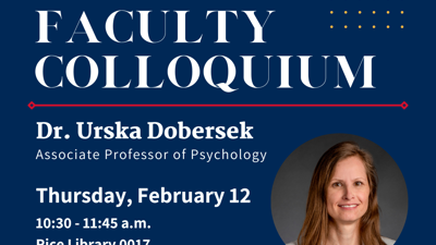 Graphic image of Dr. Urska Dobersek's faculty colloquium presentation with headshot and event details