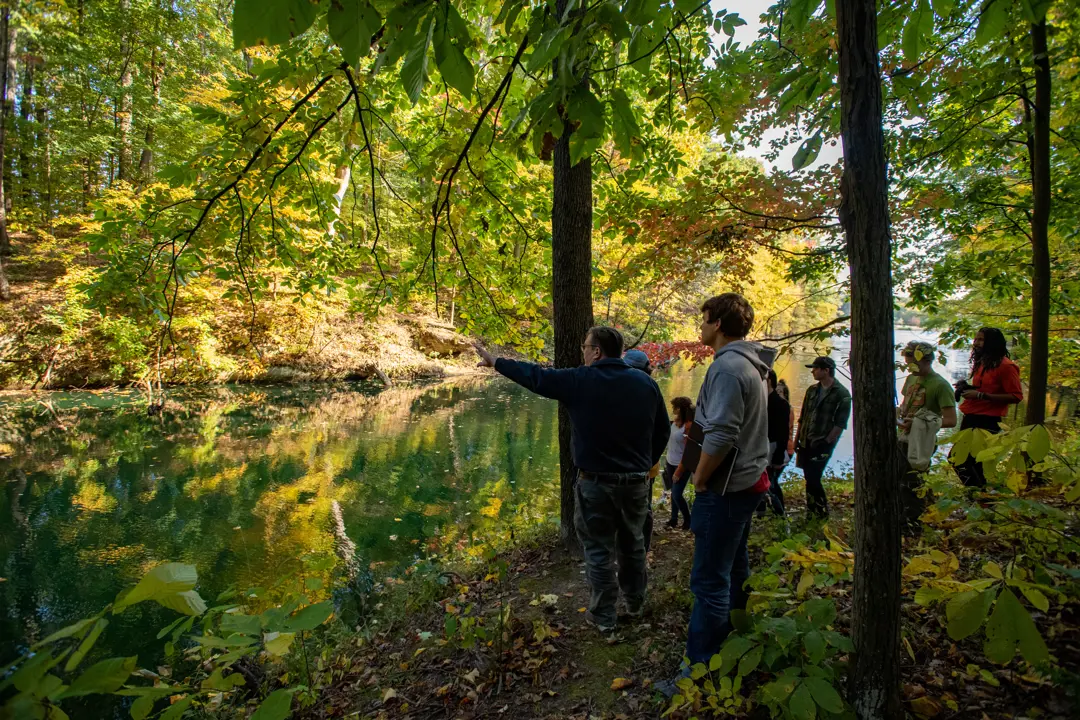 Geology students watch as a faculty member conducts a lecture standing in the woods at the edge of a waterway
