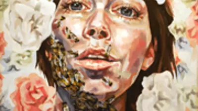 Painting, woman's face surrounded by flowers, vines growing up her neck to her cheek