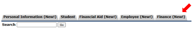 Screenshot of Self-Service Banner tabs with red arrow pointing at Finance.
