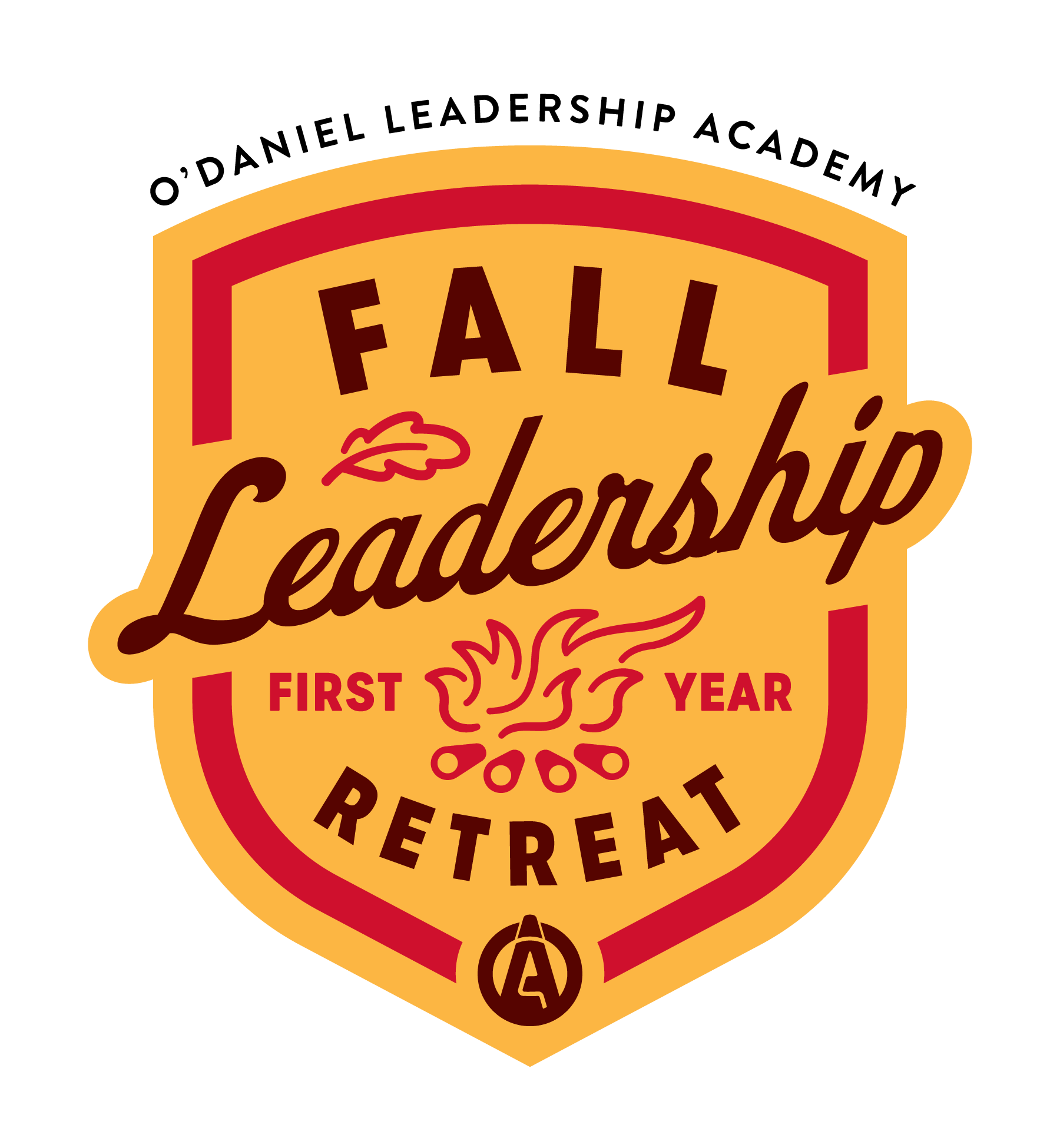 A yellow-orange acorn shape with a red perimeter. Overtop the shape is text that reads "Fall Leadership First Year Retreat" as well as an outline of a campfire and leaf. Above the logo reads "O'Daniel Leadership Academy"