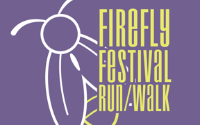 Purple graphic with stylized firefly illustration and text reading “Firefly Festival Run/Walk.”