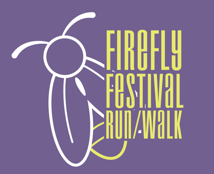 Purple graphic with stylized firefly illustration and text reading “Firefly Festival Run/Walk.”
