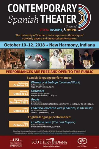 Poster for a past Contemporary Spanish Theater event with photos and a list of events