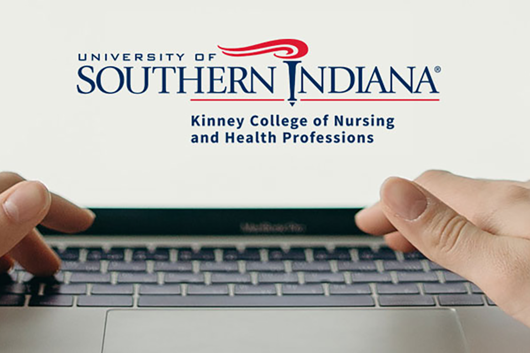 Photo of hands using a computer keyboard with "USI Center for Health Professions Lifelong Learning" logo