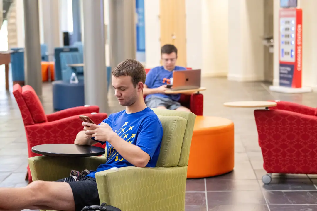 Students lounge in the BEC Atrium