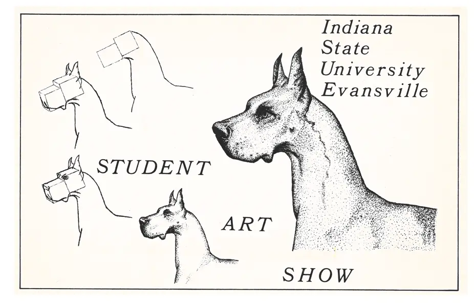 ISUE Student Art Show postcard from 1983, art by Gregg Ray