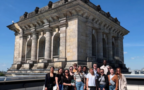 Students pose for photo on the roof of the Reichstag Building after a guided tour of the German parliament.