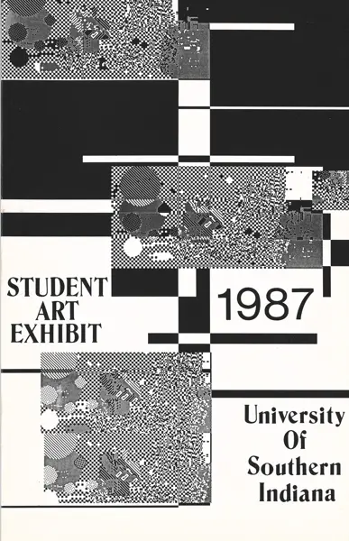 1987 USI Student Art Exhibit postcard, art by Jennifer Bolden and Lisa Seib