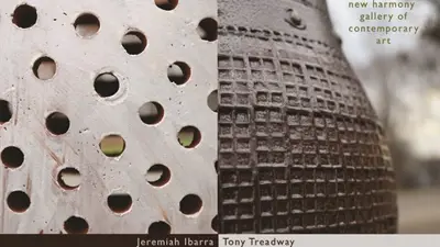 Exhibition postcard for "New Harmony Ceramics Residency" by Jeremiah Ibarra and Tony Treadway