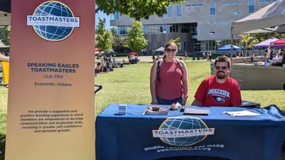 A student organization is set up at the Student Involvement Fair.
