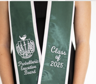 forest green stole with white trim, white Panhellenic Council crest and&nbsp; and Panhellenic Education Board cursive text on one side and the class year on the other side