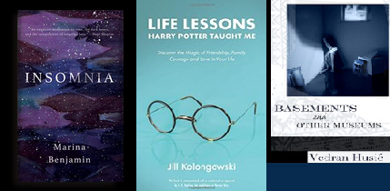 Covers of "Insomnia," "Life Lessons Harry Potter Taught Me," and "Basements and Other Museums"