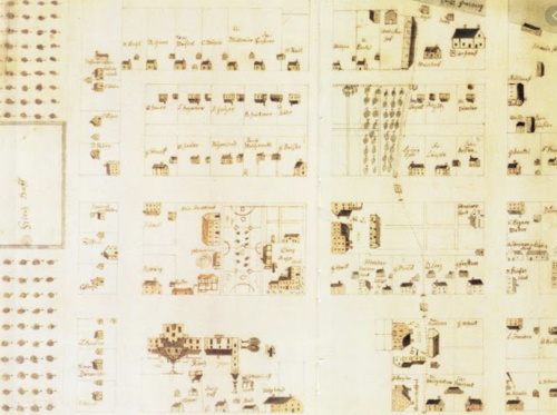 The historic Weingartner Map of New Harmony showing where the Harmonist Orchard originally existed