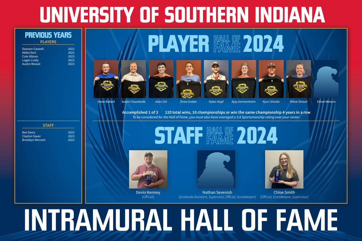 This image is an infographic for the University of Southern Indiana Intramural Hall of Fame, highlighting the 2024 inductees.