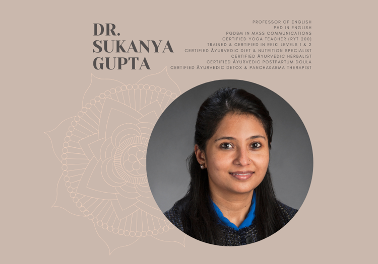 Graphic image of Dr. Sukanya Gupta, professor of English, with headshot and list of specialties